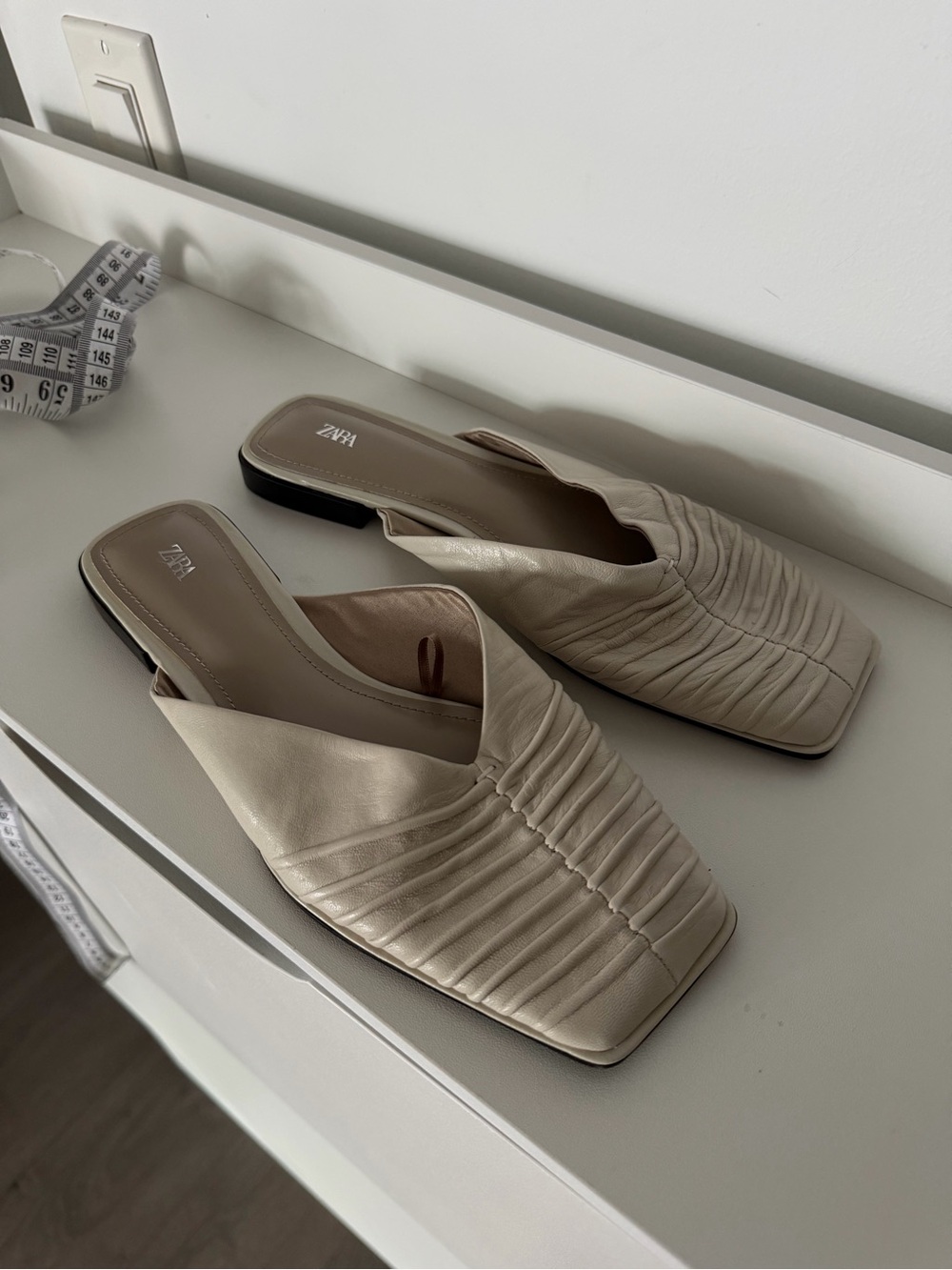 Zara Beige Ruched Leather Square-Toe Slide Mules